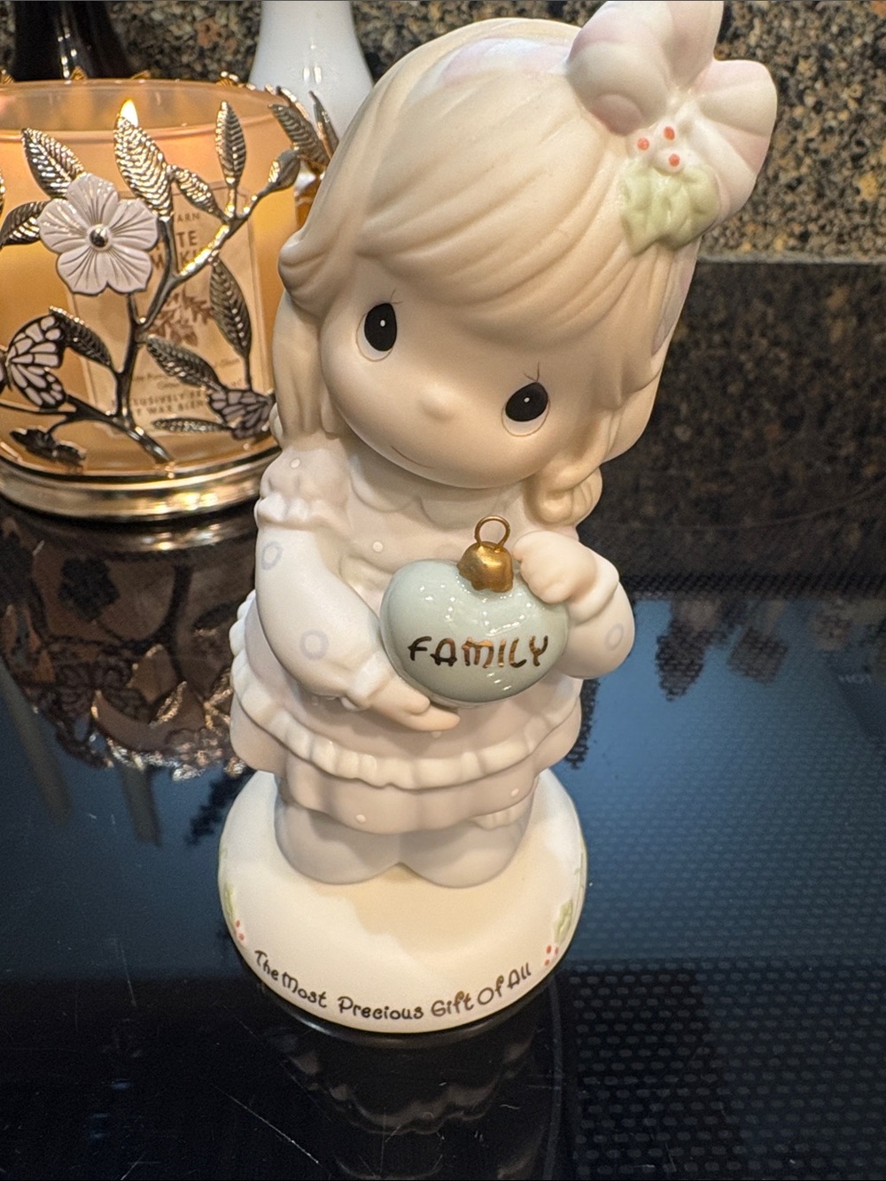 Precious Moments Figurine with Cream Finish and Light Blue Ornament
